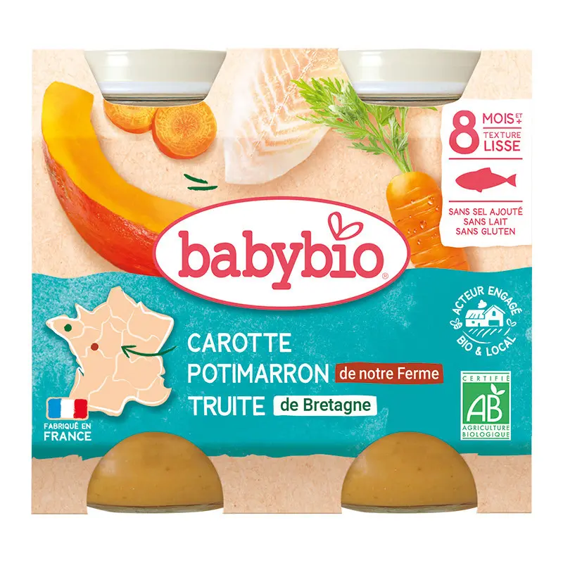 xx Babybio Carotte Potimarron de notre Ferme Truite de Bretagne Petits pots 2x200g