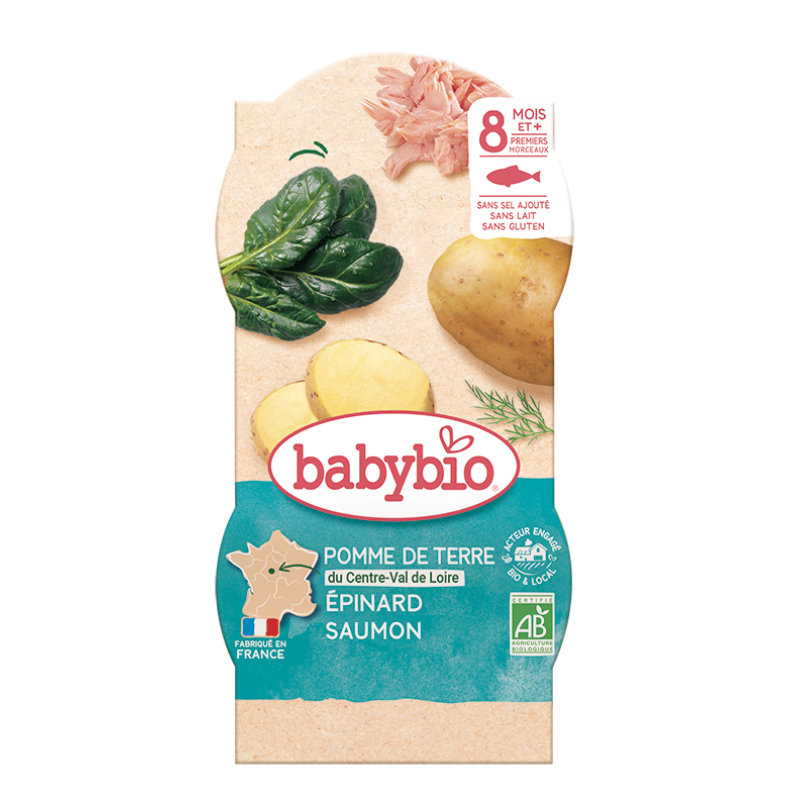 xx Babybio Repas Midi Bol Pomme de Terre Epinard Saumon +8m Bio 2 x 200g