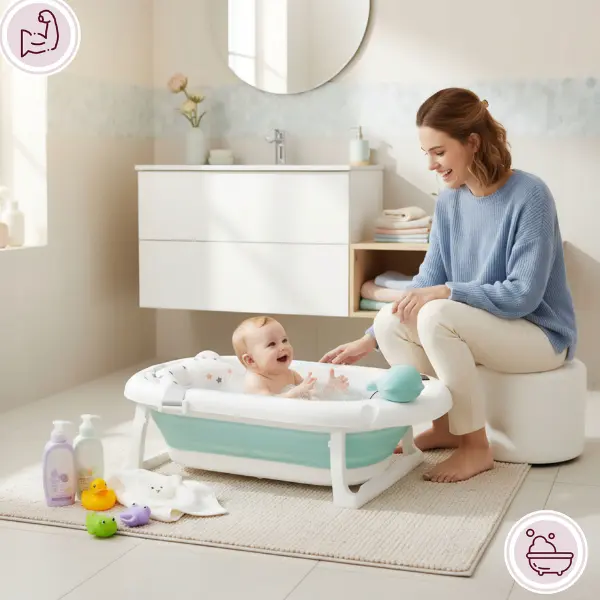 Baignoire Bébé Pliable avec Coussin Ergonomique Antidérapant - Blue