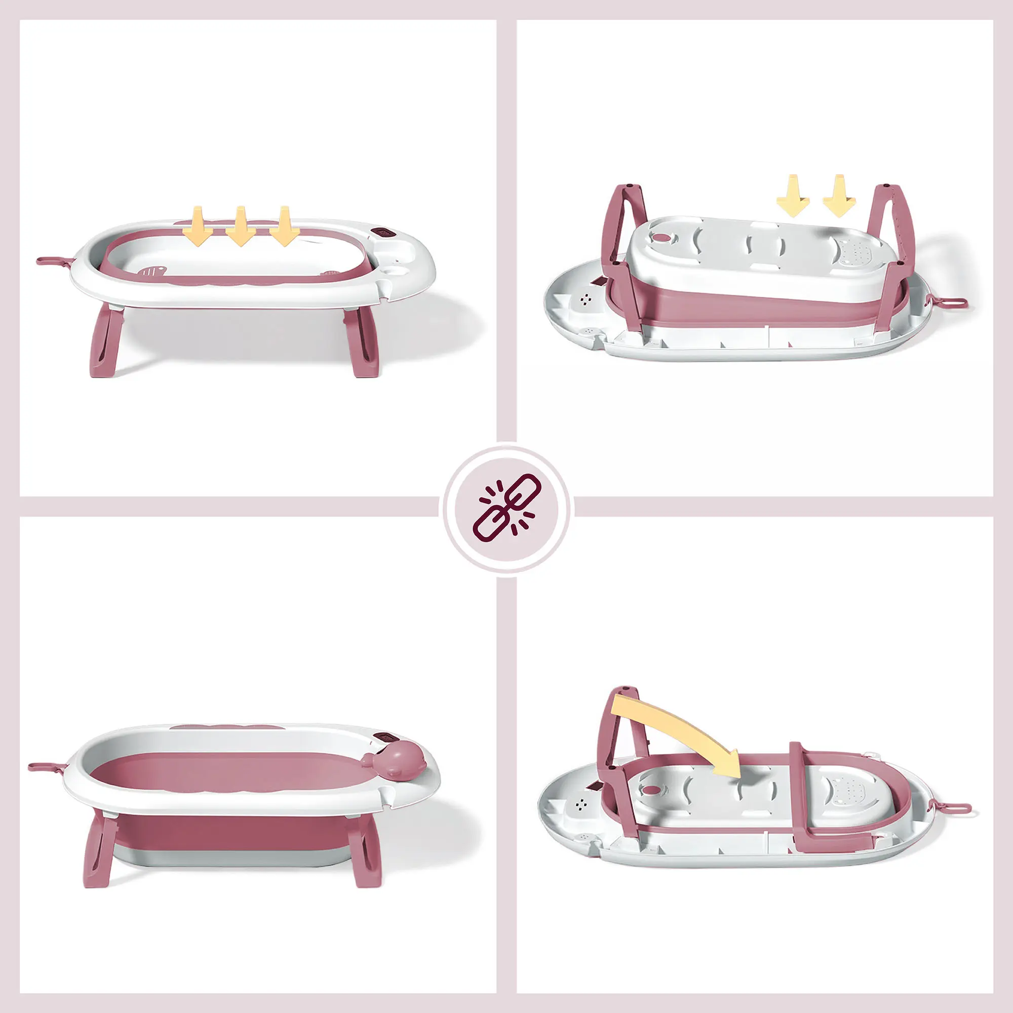 Baignoire Bébé Pliable avec Coussin Ergonomique Antidérapant -Rose