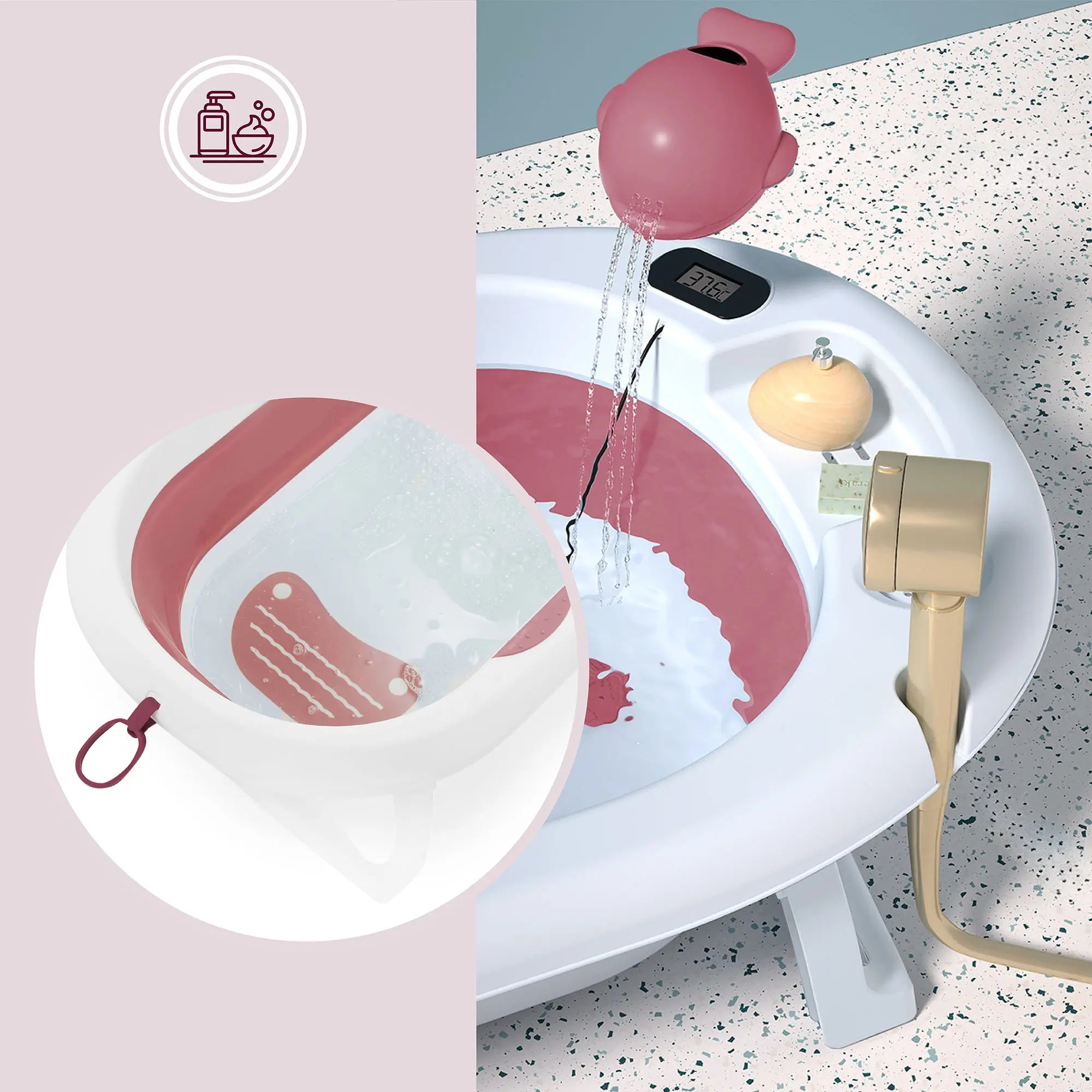 Baignoire Bébé Pliable avec Coussin Ergonomique Antidérapant -Rose