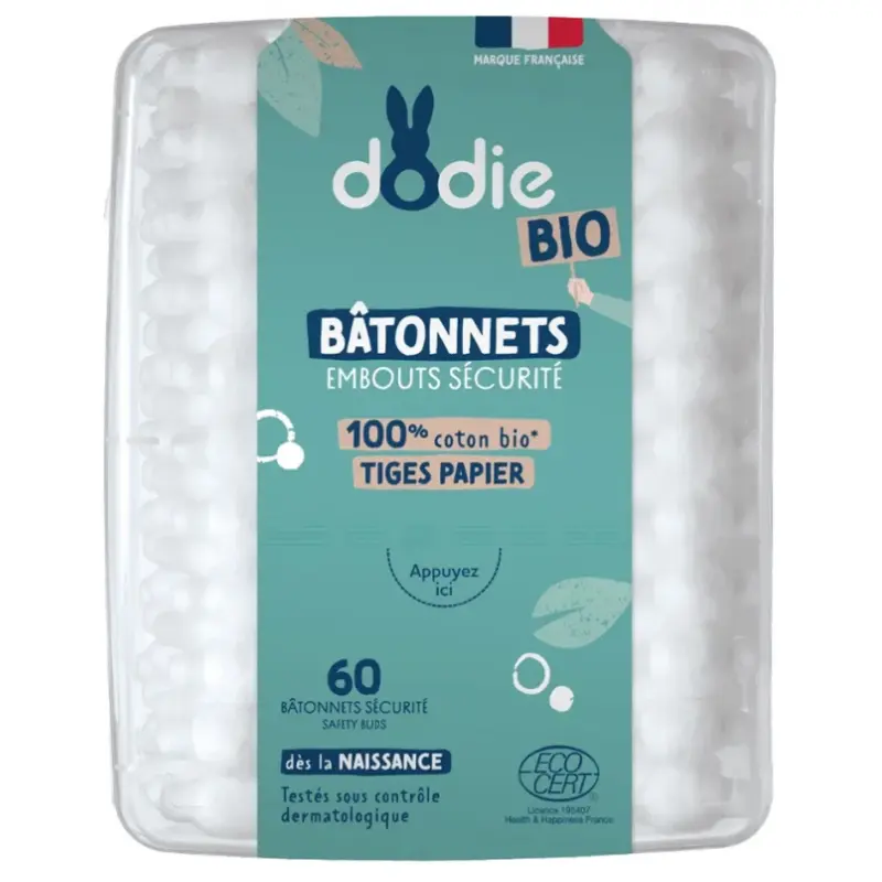 Bâtonnets Embouts Sécurité 100% Coton Bio 60 Bâtonnets