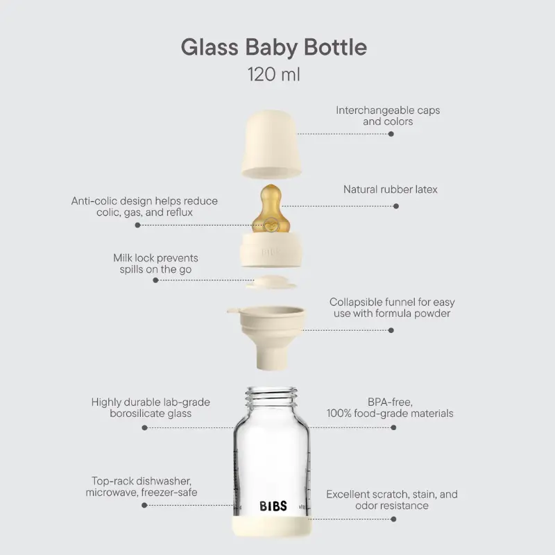 Biberon en Verre 120ml avec Tétine en Latex Débit lent – BIBS- Ivory