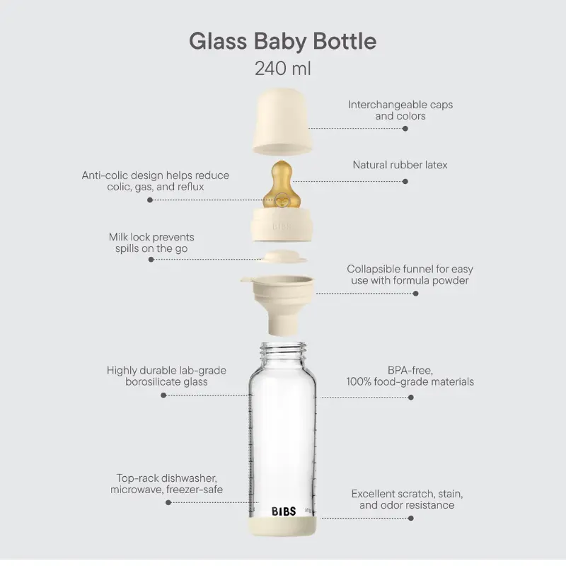 Biberon en Verre 240ml avec Tétine en Silicone Débit Moyen - Ivory
