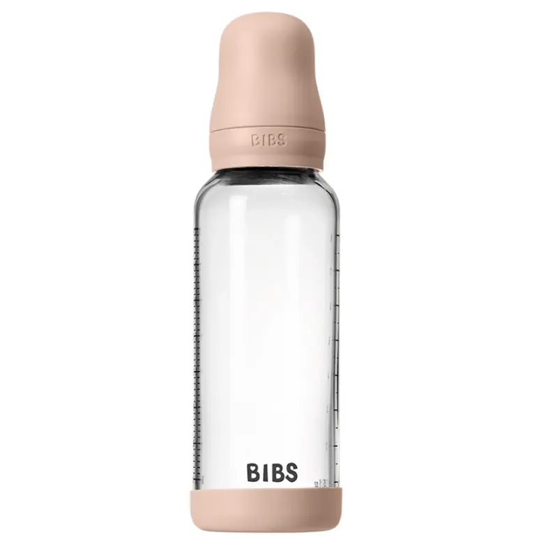 Biberon en verre rond 240 ml + tétine en silicone débit moyen - Rose poudré