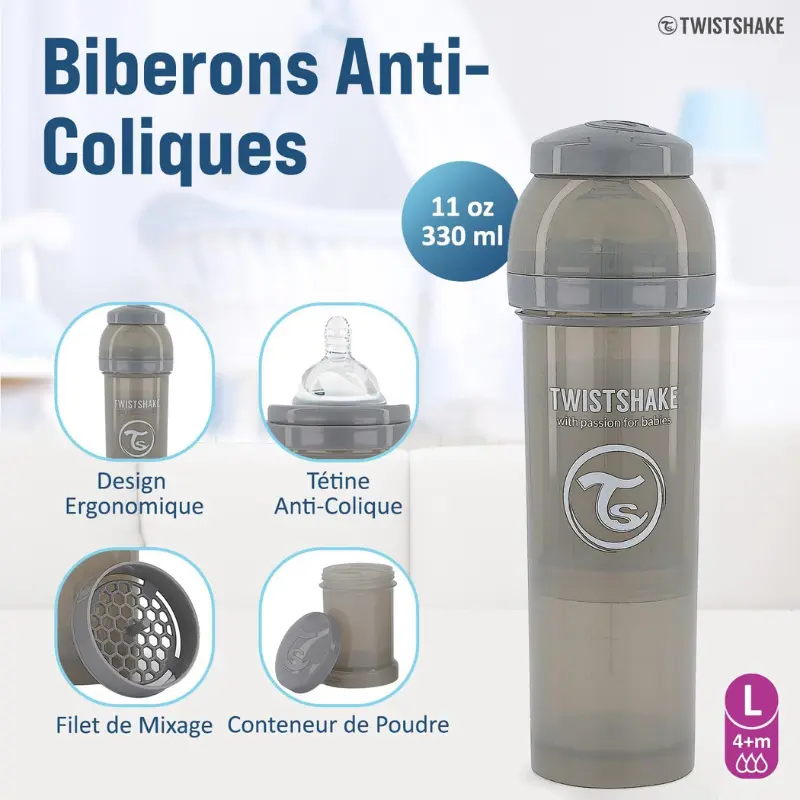 Biberon Twistshake anti-coliques 330ml 4m+ Gris