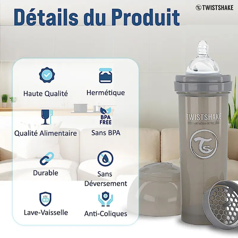 Biberon Twistshake anti-coliques 330ml 4m+ Gris