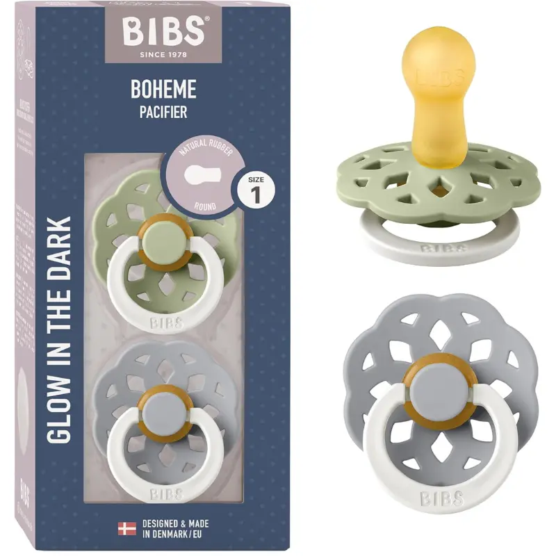 BIBS Lot de 2 Sucettes Bohème Nuit Rondes – Sauge/Nuage - GLOW