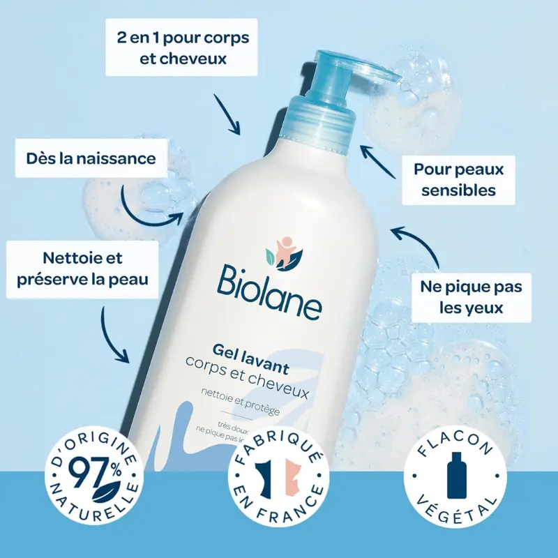 Biolane Gel Douche Bébé Corps et Cheveux 2 en 1 350ml Doux, Naturel et Peau Sensible