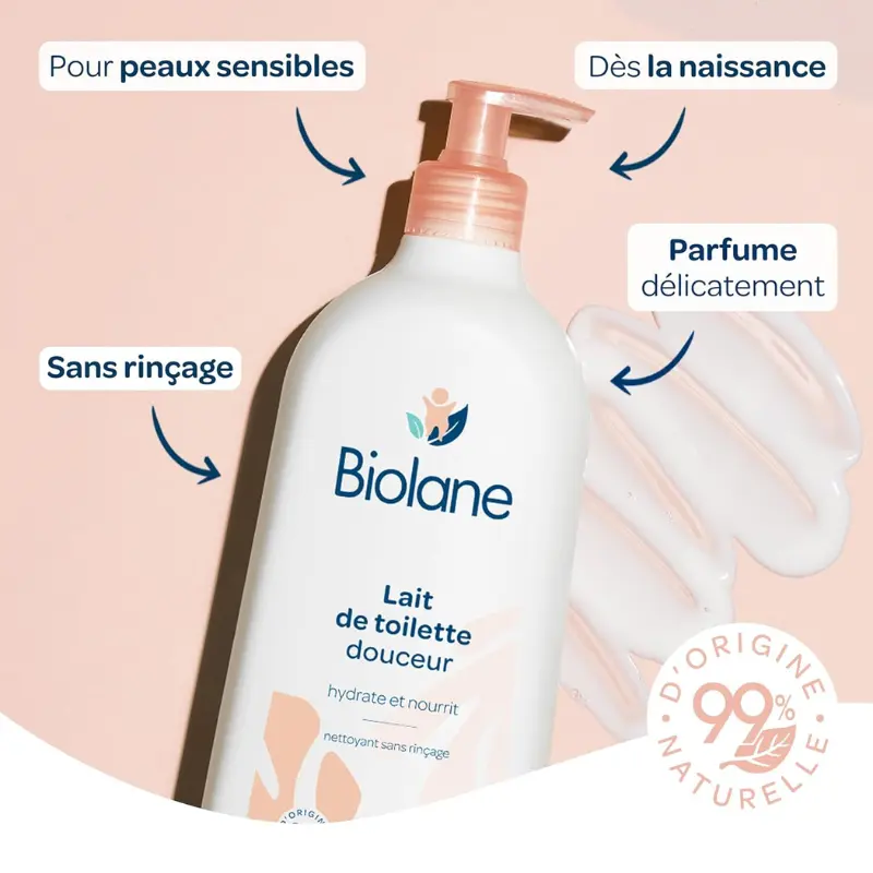 BIOLANE Lait de Toilette Bébé 750ml Nettoyage Doux Sans Rinçage, Visage, Corps et Siège