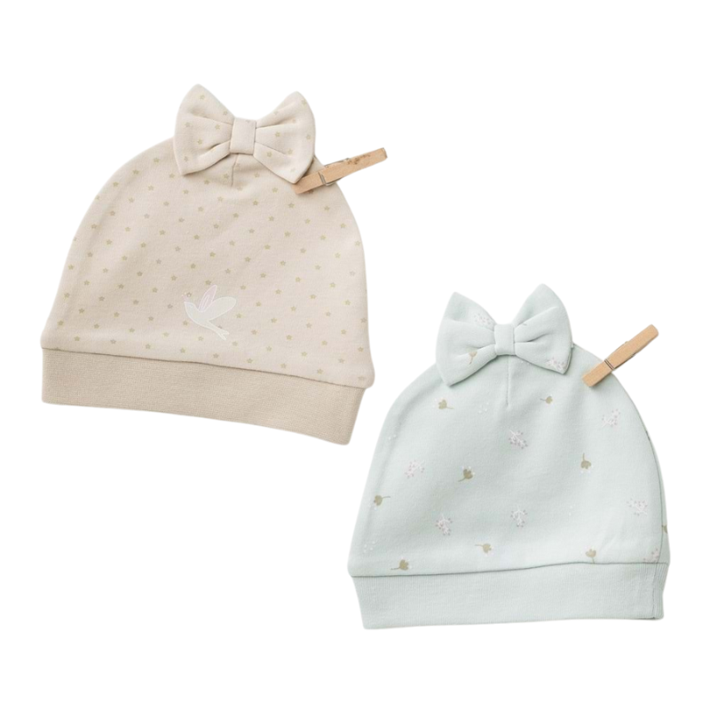 xx Bonnet Bébé avec Nœud – Lot de 2 – Coton Doux – Beige - Vert Menthe – Andywawa