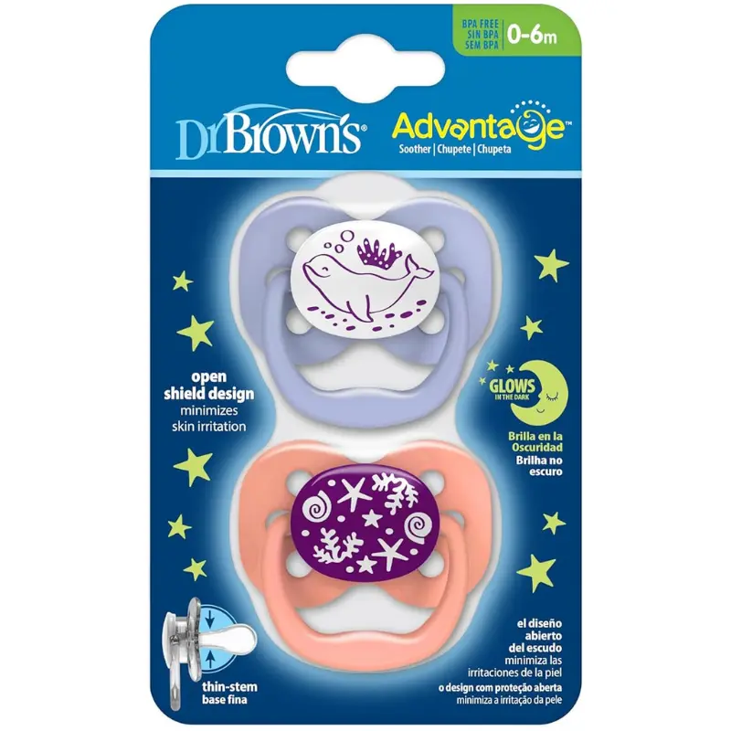 Dr.Brown’s Lot de 2 sucettes Symétriques Advantage Glow  0-6mois