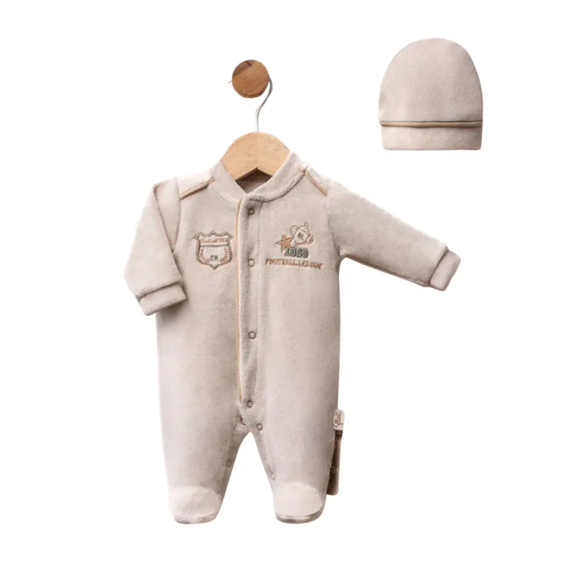 xx Grenouillère bébé en velours avec broderie Football League et bonnet assorti