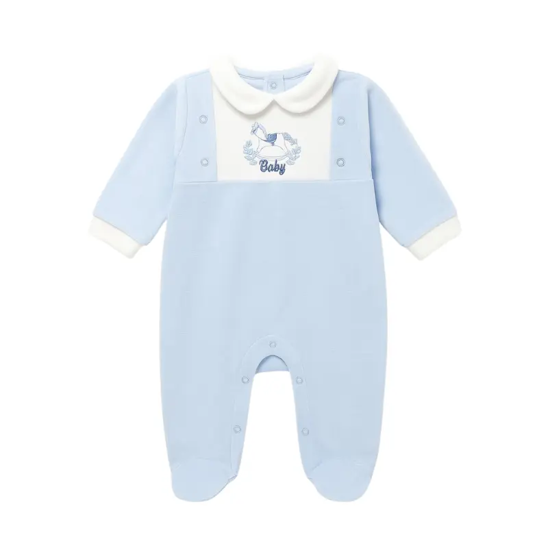 Grenouillère bébé en velours avec col blanc et broderie cheval à bascule