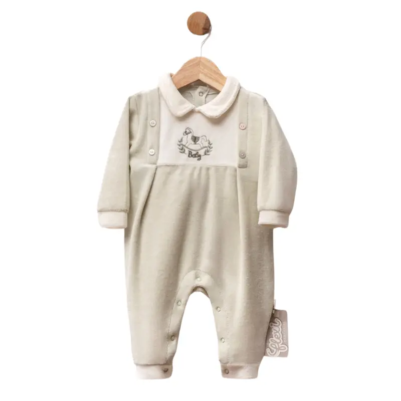 Grenouillère bébé en velours avec col blanc et broderie cheval à bascule