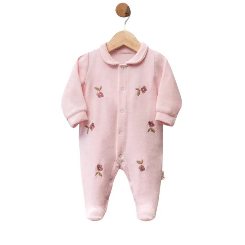 Grenouillère bébé en velours avec fleurs brodées