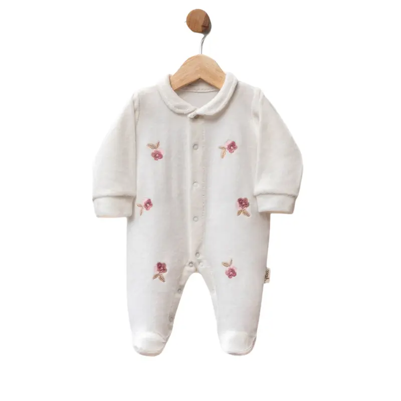 Grenouillère bébé en velours avec fleurs brodées