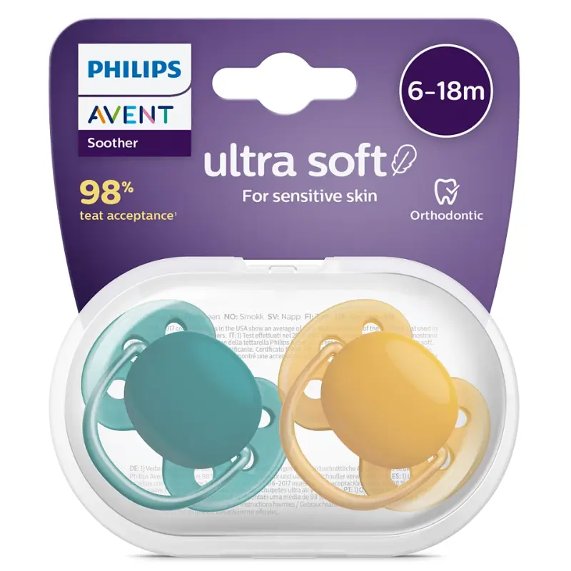xx Lot de 2 Sucettes Philips Avent Ultra Soft 6-18 mois