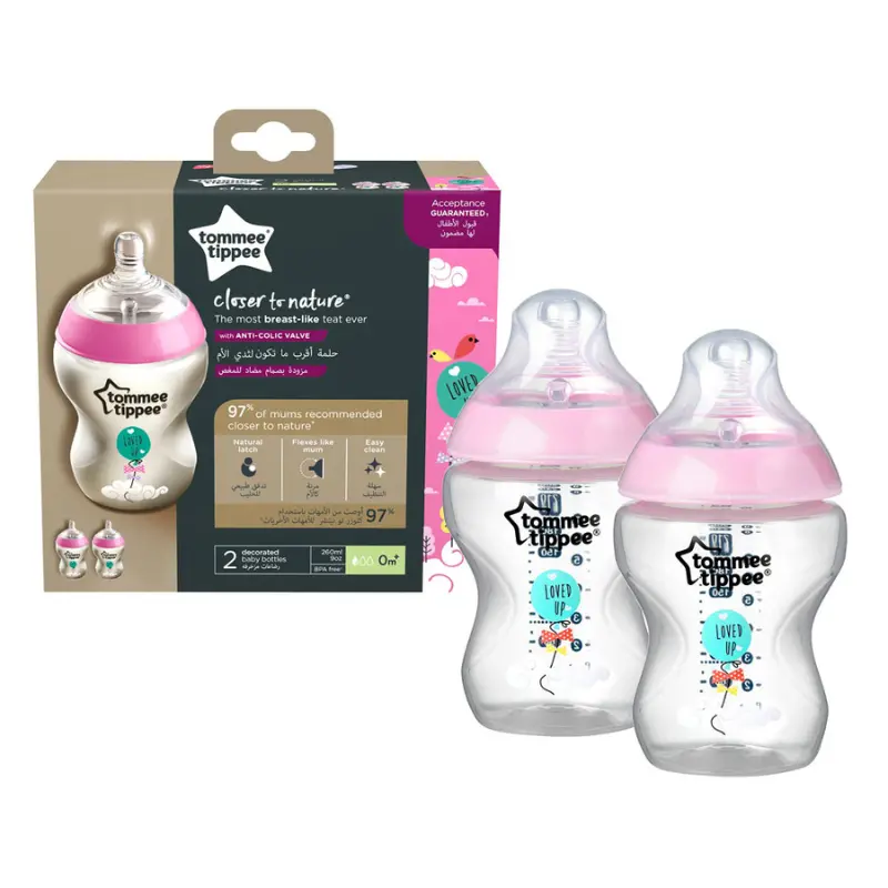 Lot de 2 Biberons Tommee Tippee Closer to Nature 0m+ Rose - 260ml