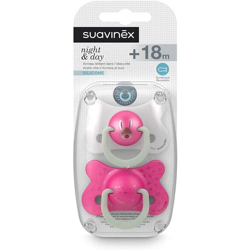 Lot de 2 sucettes réversibles Night and Day 18M+ – Rose – Suavinex