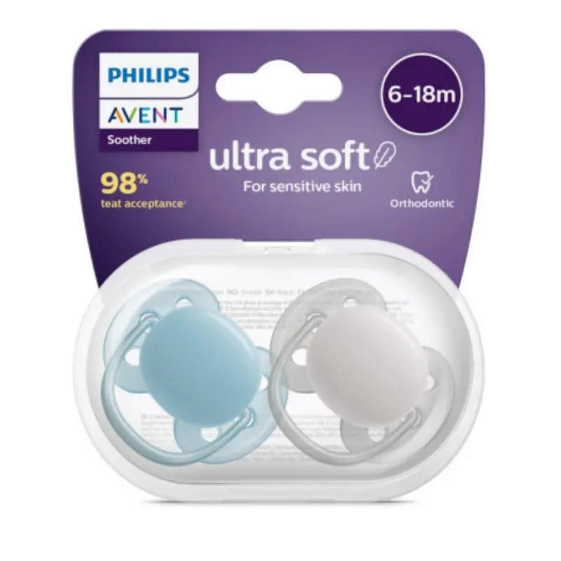 xx Lot de 2 sucettes Ultra Douce 6-18 m PHILIPS AVENT Mix Uni Blue