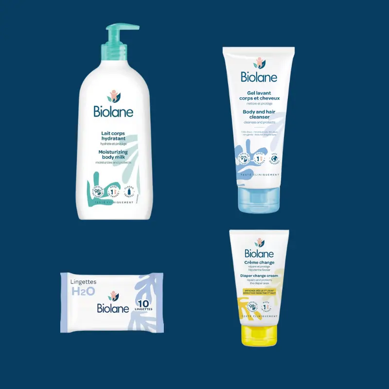 Mon Premier Coffret Biolane 4 Soins Essentiels Bébé + Trousse Motif Singe OFFERTE