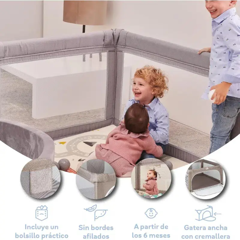 Parc de jeux bébé L 120x120 cm Beige Pliable avec Chatière et Fenêtre en Filet