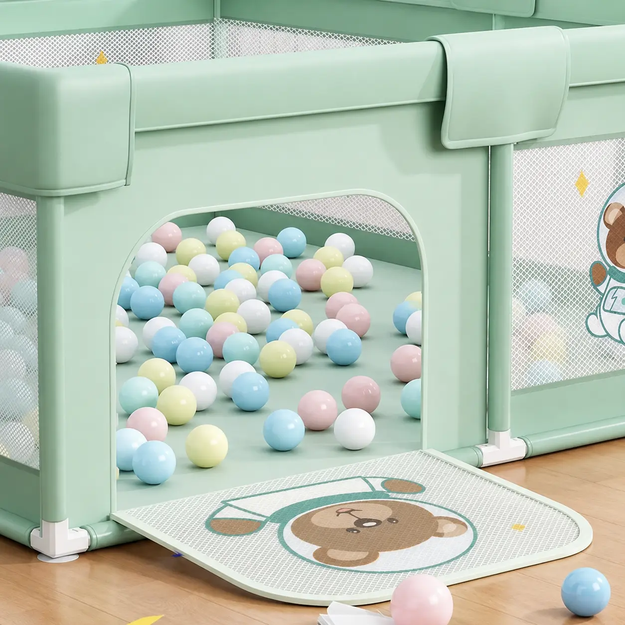 Parc de jeux bébé pliable 200 x 180 x 65 cm Vert avec tapis et balles