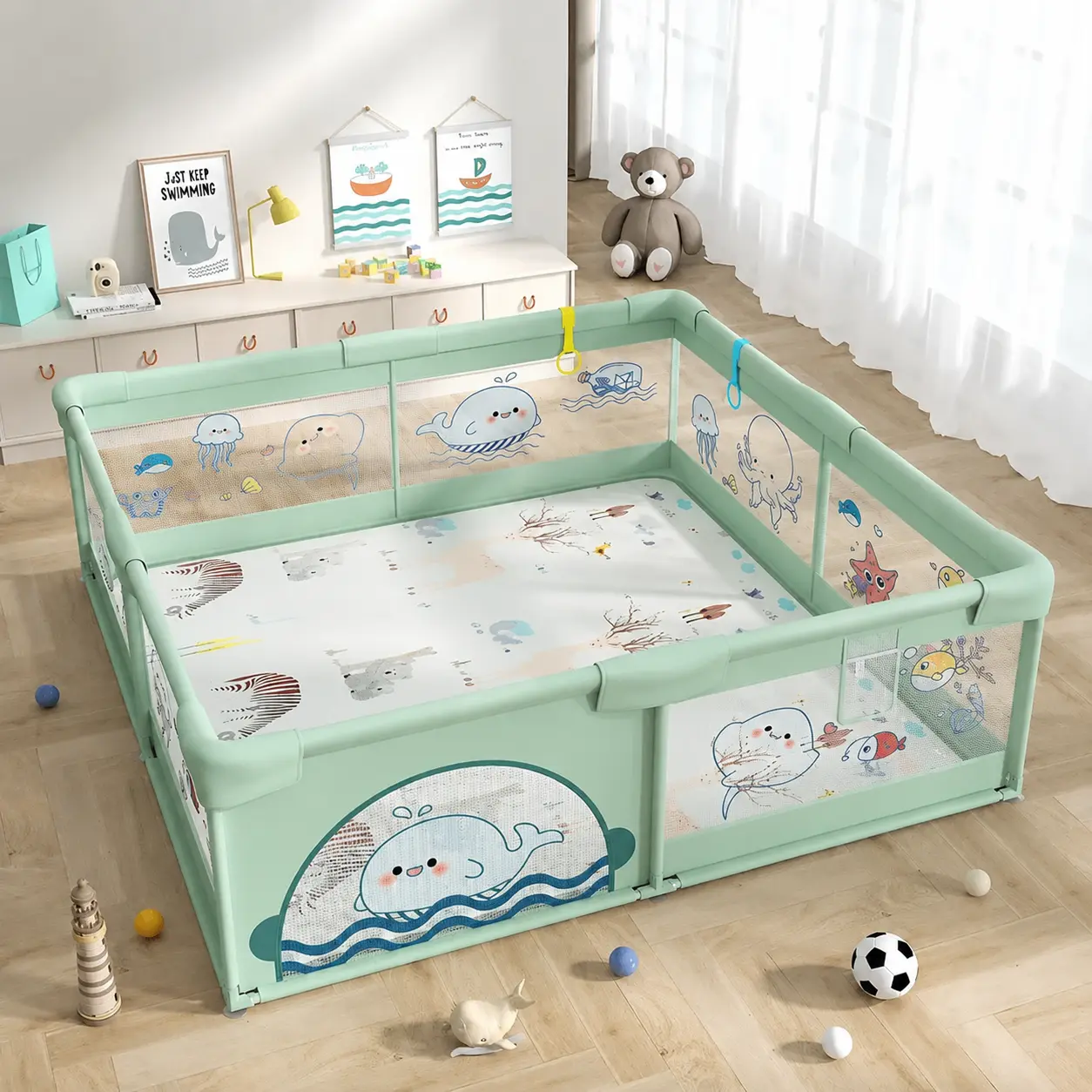 Parc de jeux bébé pliable 200 x 180 x 65 cm Vert avec tapis et balles