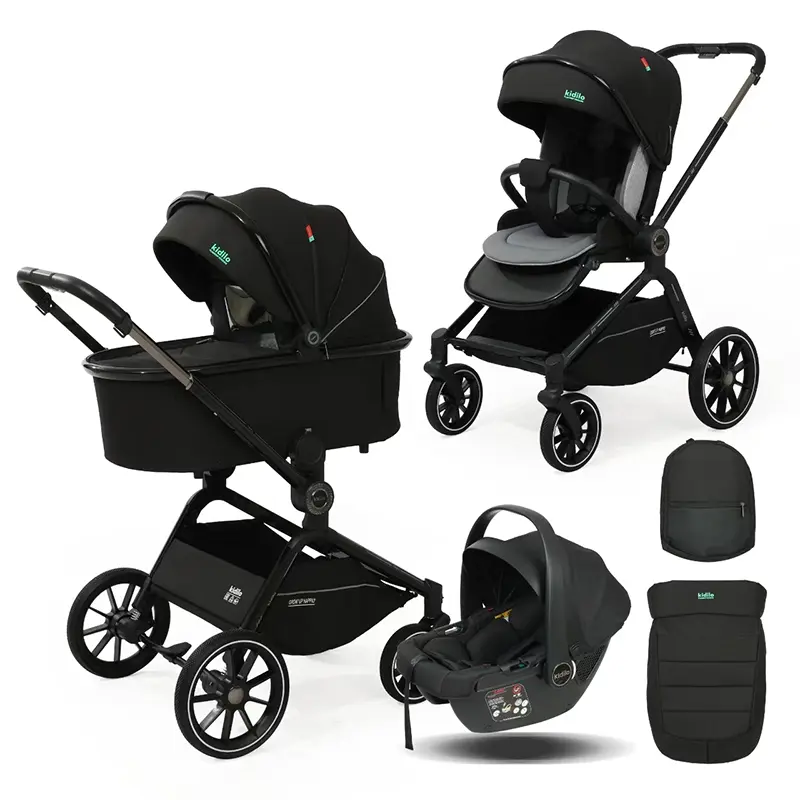 xx Poussette 3 en 1 Kidilo – Nacelle, Siège Auto et Confort Total dès la Naissance – Noir