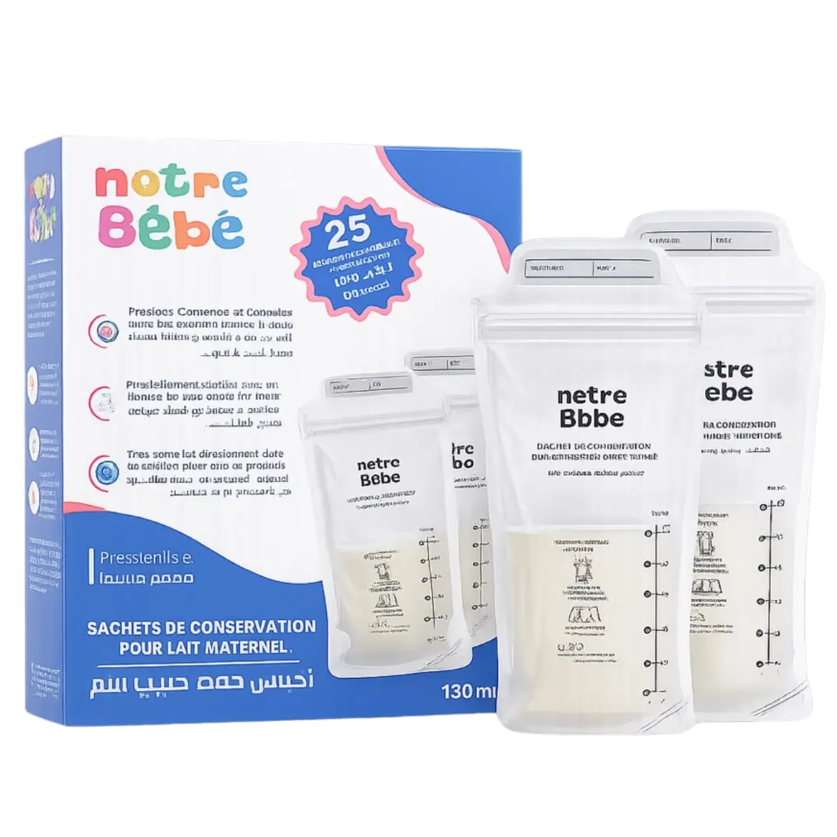 Sachets de Conservation pour Lait Maternel Notre Bébé 25 Sachets – Sans BPA