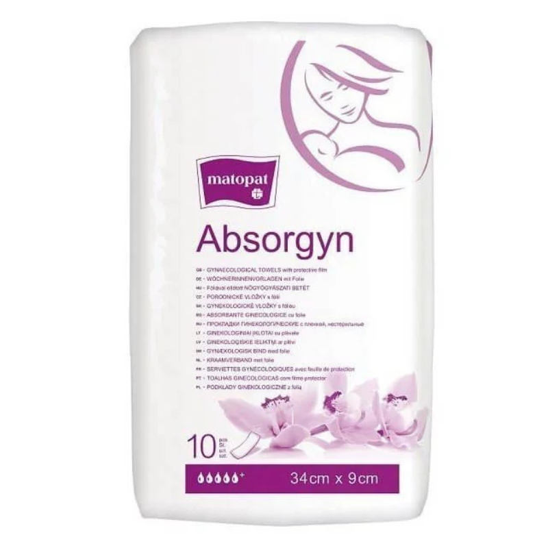 xx Serviettes gynécologiques Absorgyn, 34 x 9 cm, 10 pièces.