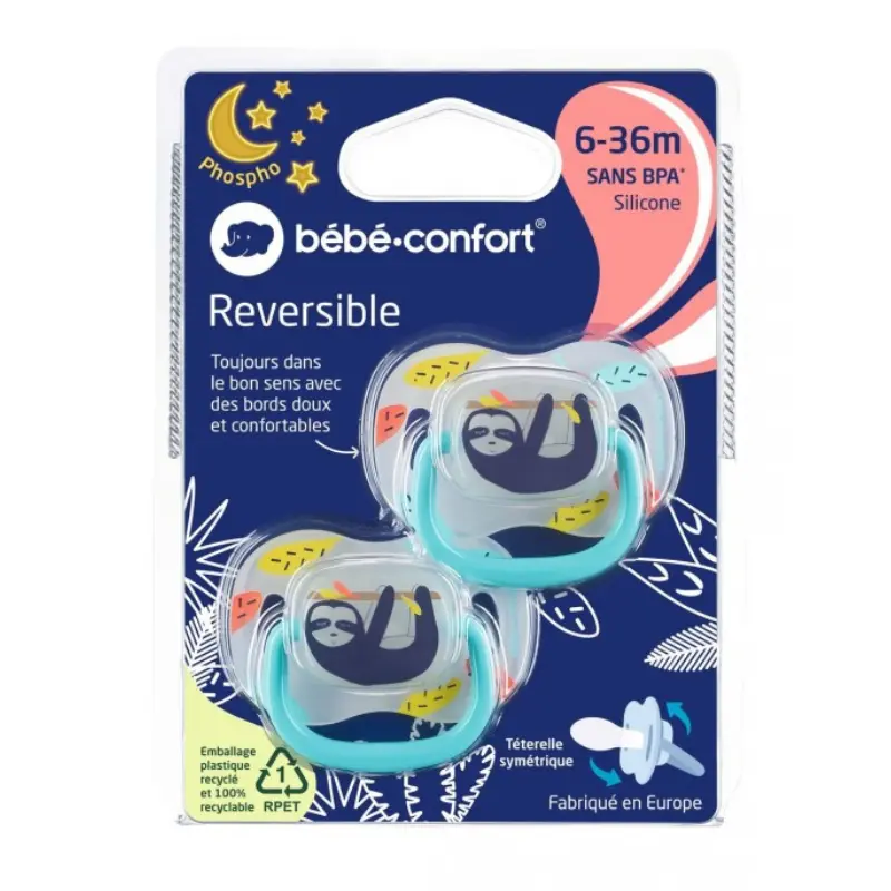 Sucette Lazy Sloth Réversible Phospho Silicone 6-36M x2 – Bébé Confort