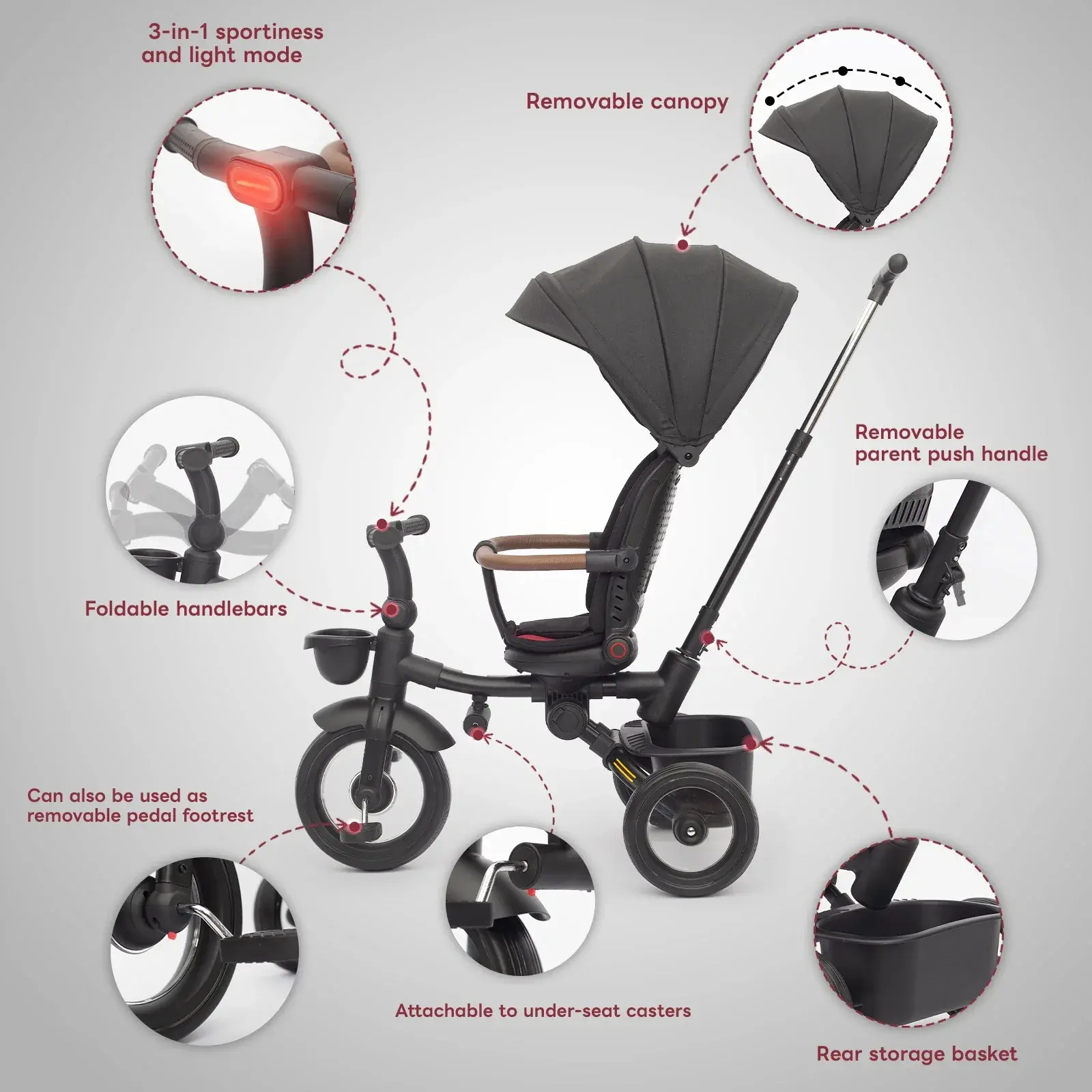 Tricycle pliable 7 en 1 pour enfants de 6 mois à 5 ans Rose