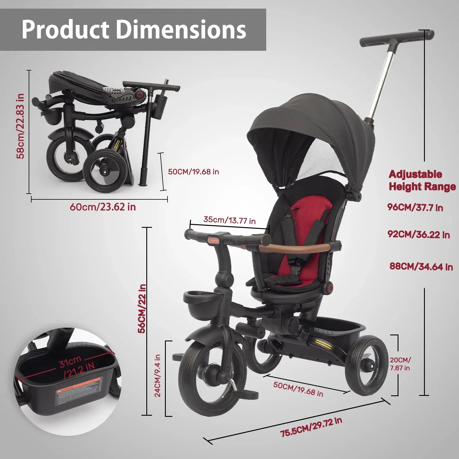 Tricycle pliable 7 en 1 pour enfants de 6 mois à 5 ans
